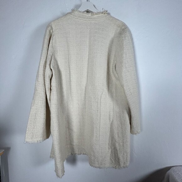 Chico's Womens Open Front Frayed Edge Textured Coat Jacket Size 2 Ivory Pockets - Picture 2 of 3